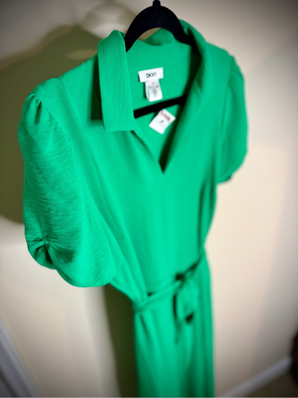 DKNY Bright Green Collared Midi Dress with Waist Tie #1248